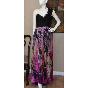 Mikael Aghal Designer One-shoulder Floral design Ruffled Chiffon Gown Size 10